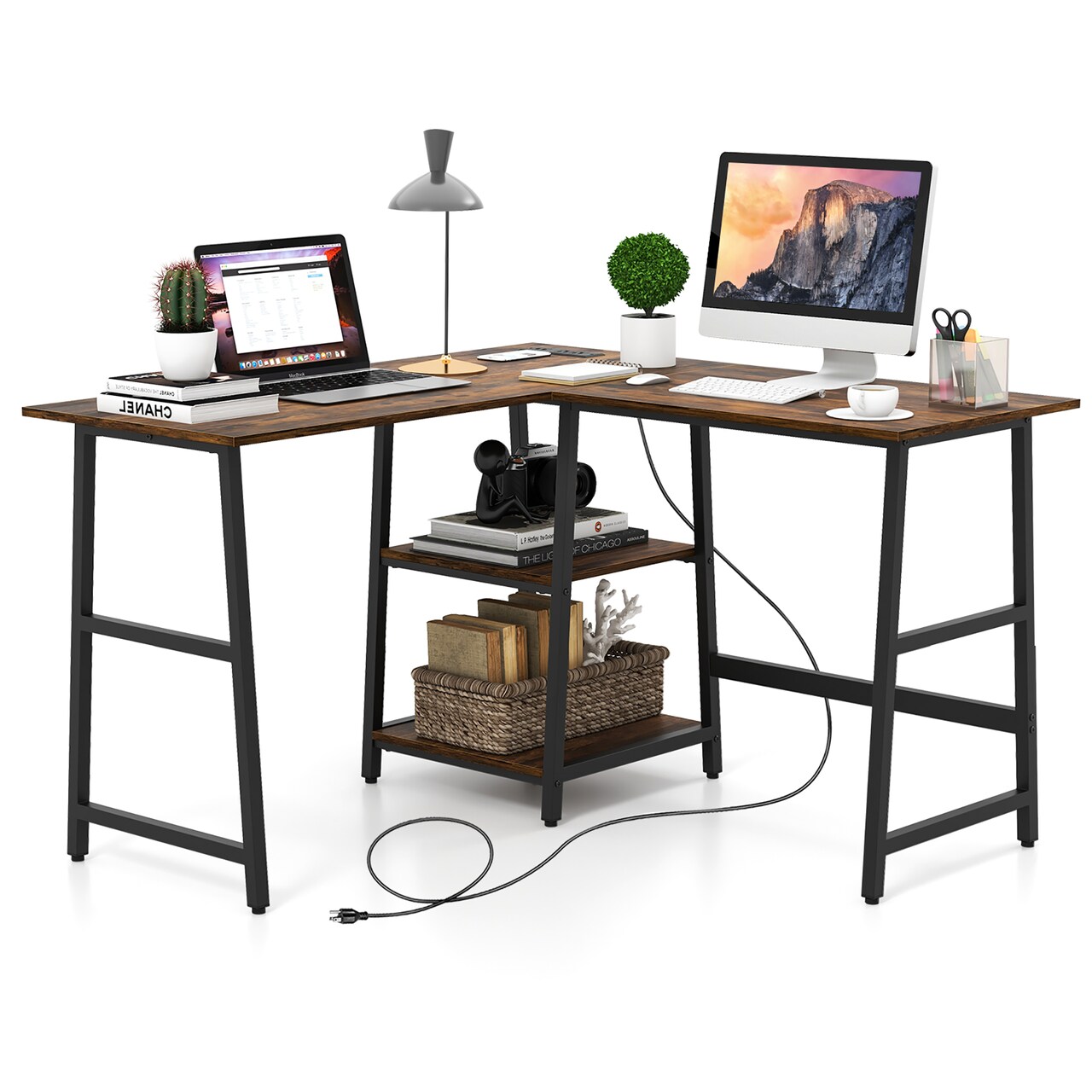 Costway L Shaped Corner Computer Desk Study Table w/Storage Shelves Black/Rustic Brown